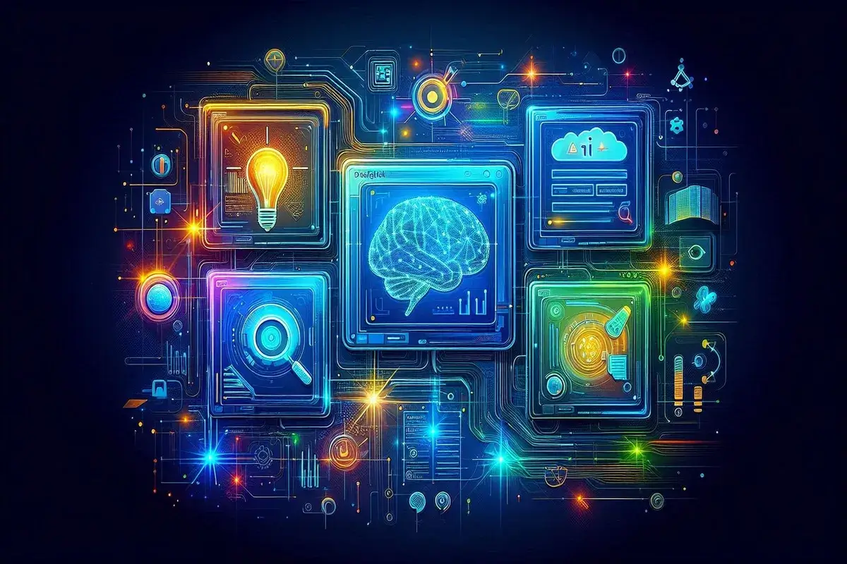 ilustración futurista y vibrante de una interfaz digital con cuatro ventanas flotantes que represent