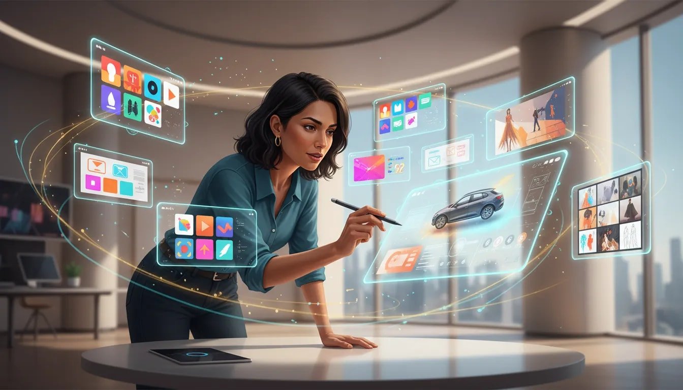 Designer interacting with an AI-powered canvas surrounded by floating panels showing social posts, UI layouts, 3D mockups and fashion sketches