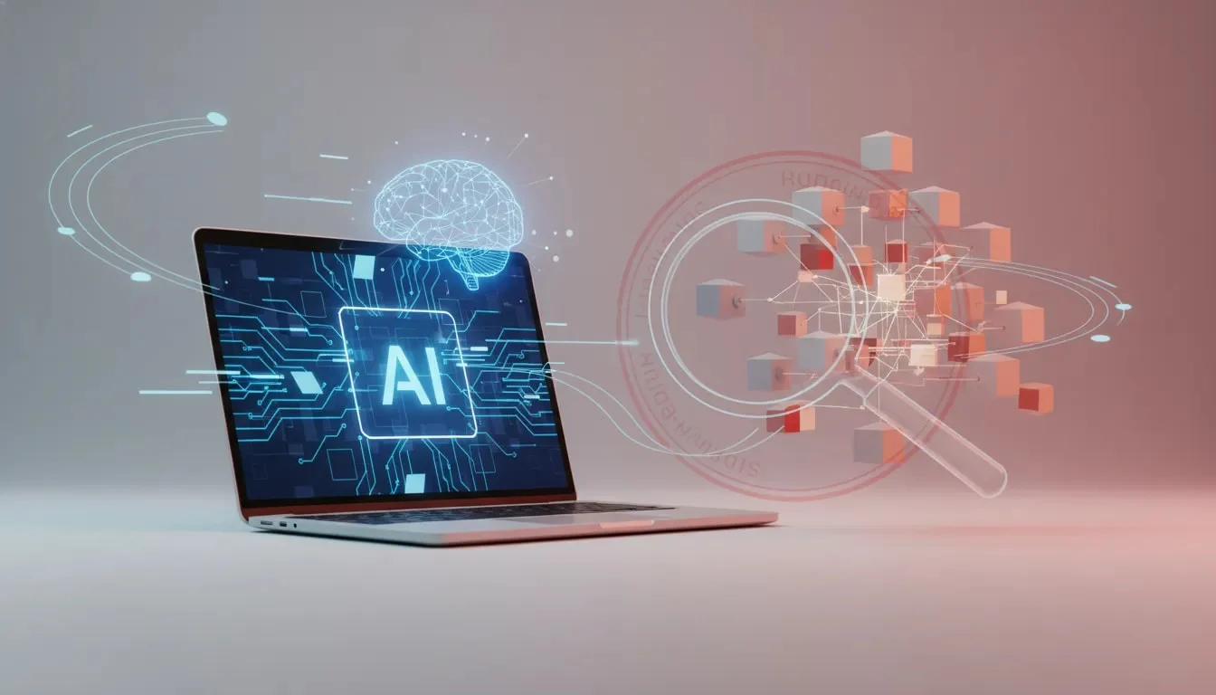 Editorial illustration showing an AI coding model being investigated through a network of model nodes, with a red warning visual to represent a Composer 2 licensing sourcing controversy.