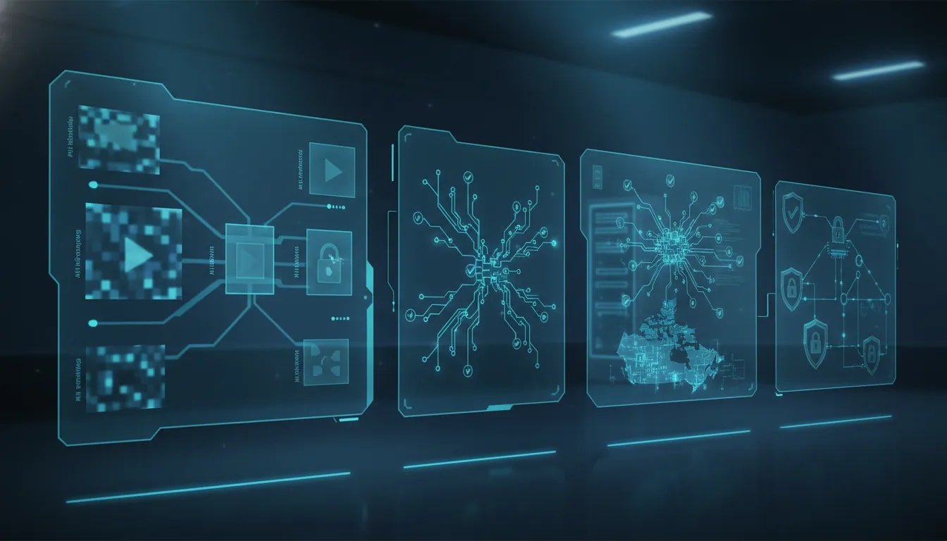 Futuristic editorial illustration of AI systems for enterprise readiness, featuring holographic video upscaling, evolving agent networks, verification motifs, and secure server infrastructure without any text.