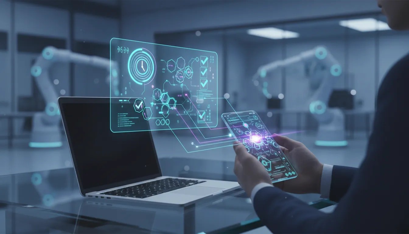 Futuristic illustration of mobile control connecting to an AI dispatch network and holographic interactive dashboards with abstract scheduling icons, no text.
