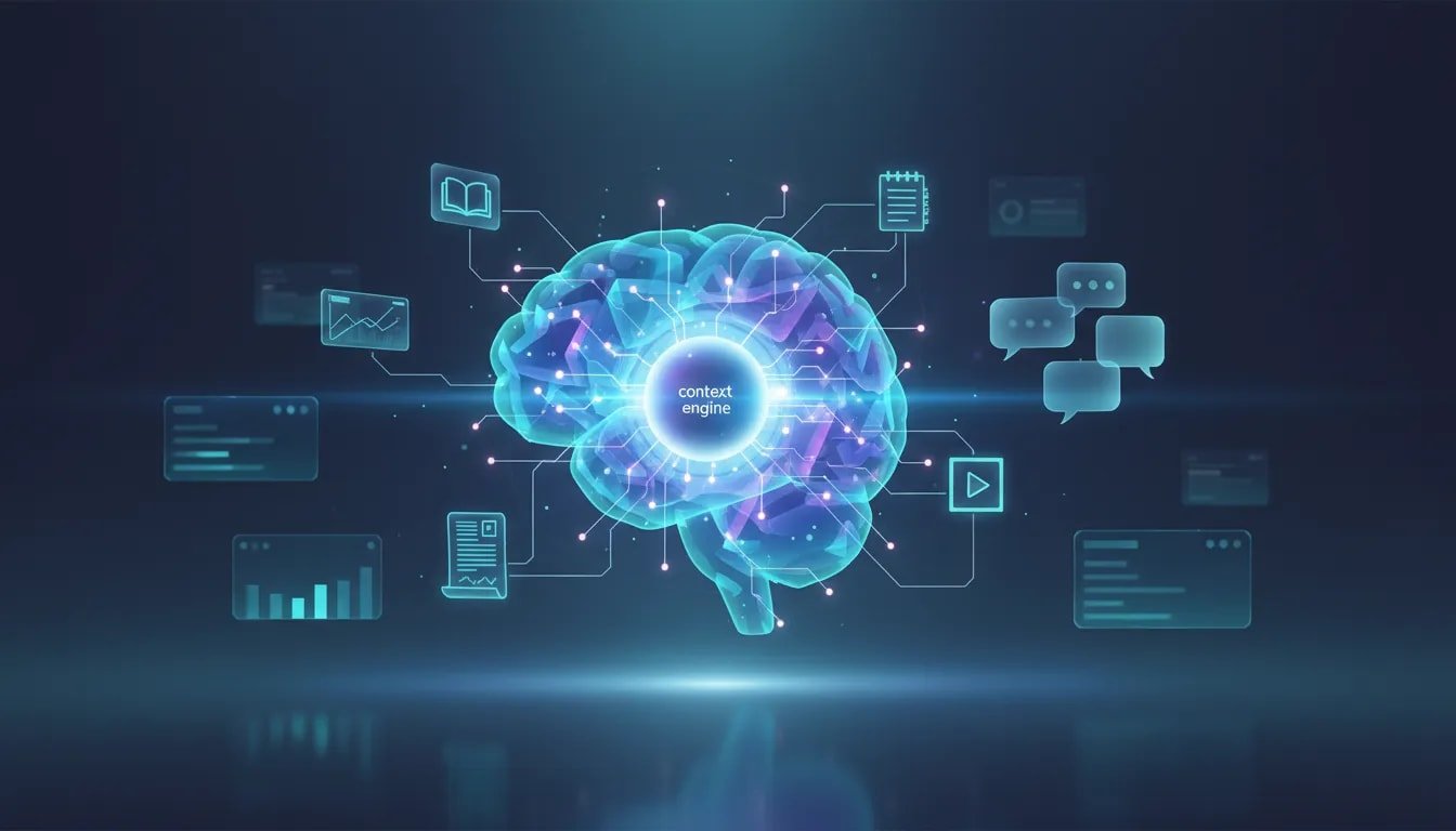 Futuristic visual metaphor of an AI context engine with connected memory layers and knowledge sources feeding a central core, shown with abstract chat bubbles and glowing nodes—no text.