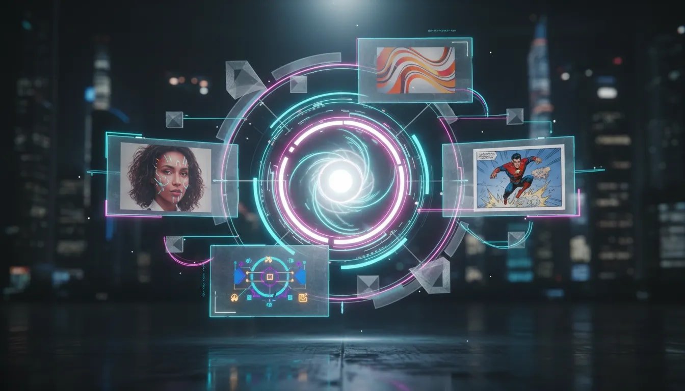 Futuristic holographic interface showing multiple AI-generated design outputs, representing a major leap in image realism, accuracy, and editing