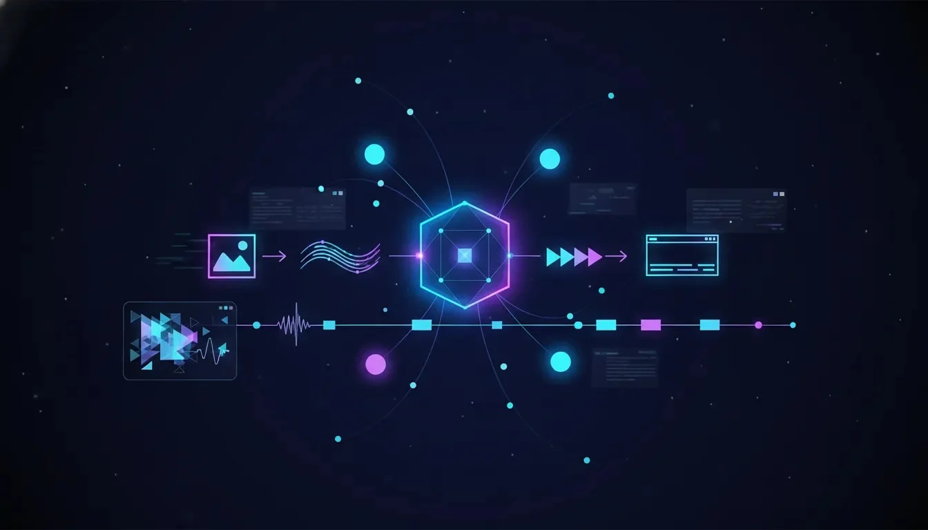 Futuristic all-in-one AI studio concept showing a central hub that turns an image into video, ads, and multi-scene story clips with orbiting model nodes and a connected editing timeline, no text.