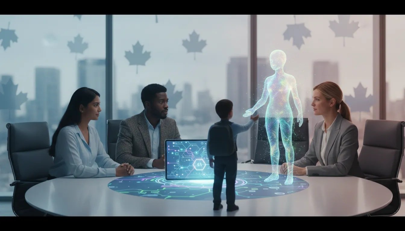 Editorial illustration of Canadian parents, schools, and businesses collaborating to guide a child’s use of AI with balanced concern and responsible technology represented through an abstract holographic network.