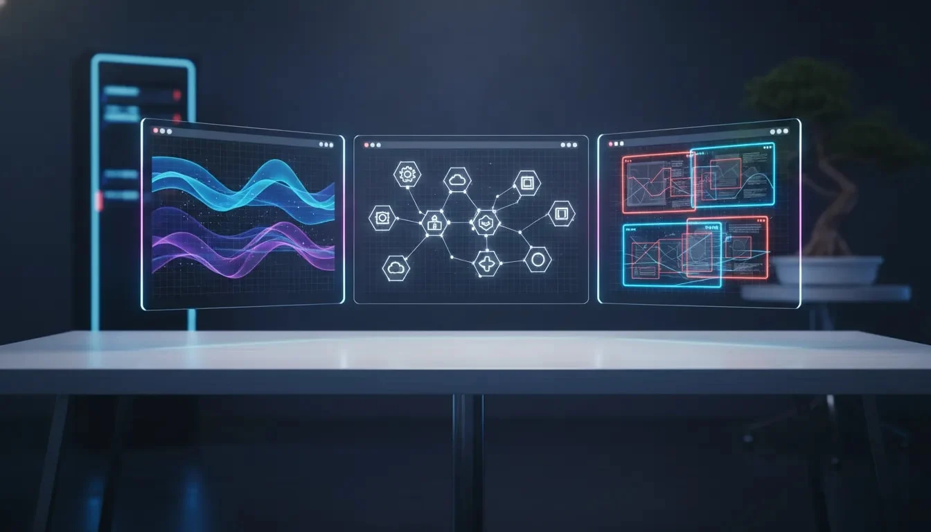 Futuristic AI interface illustrating live data dashboards, reusable design components, and prototype presentation cards with no text