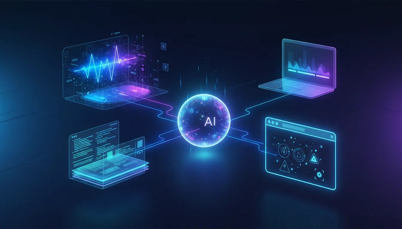 Futuristic illustration of an AI workspace showing linked music, notebook, browser, and desktop app concepts inspired by Google Gemini updates