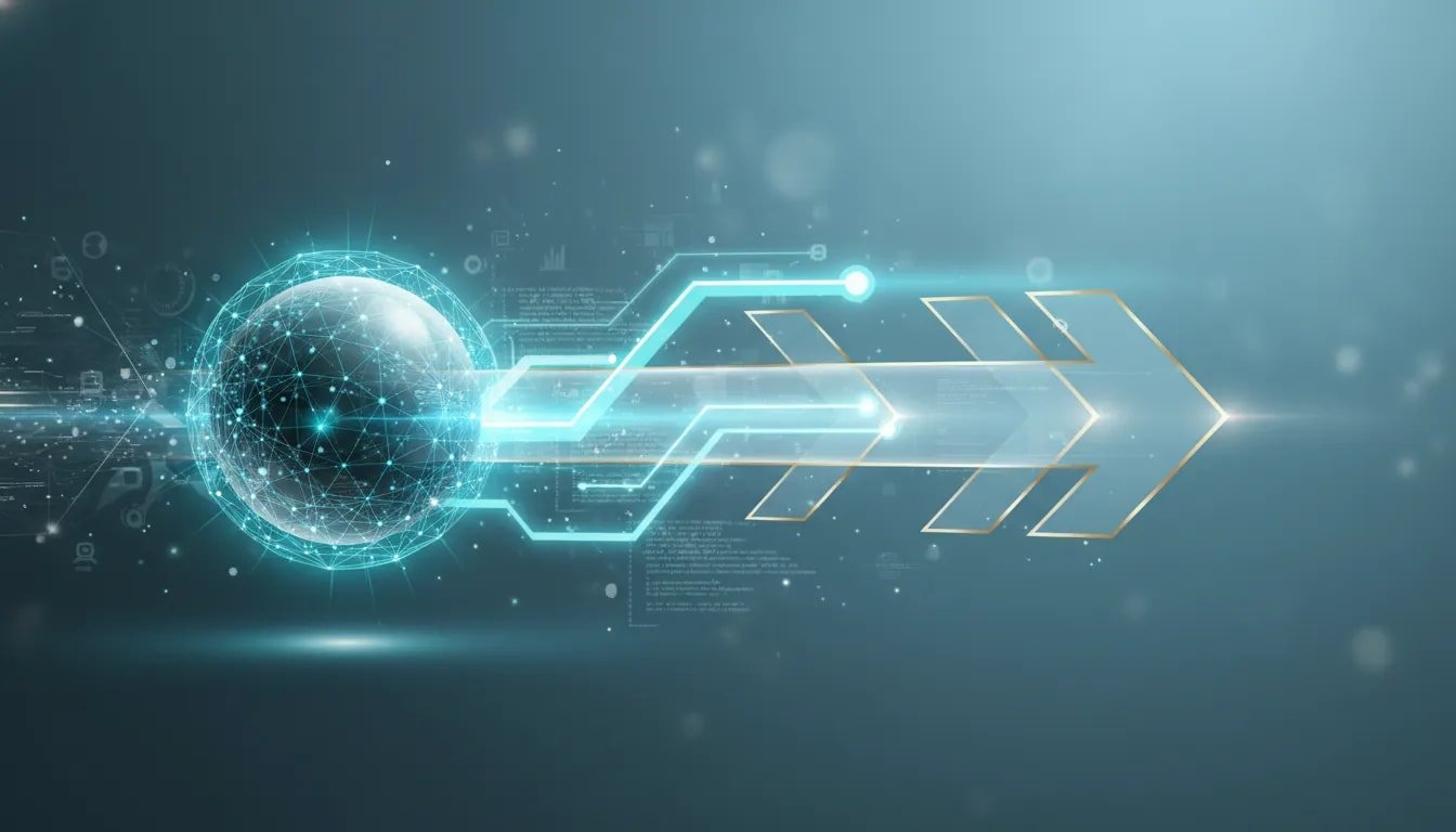 Futuristic illustration showing an advanced AI core creating forward momentum by transforming complex tools into a clear, glowing strategy roadmap