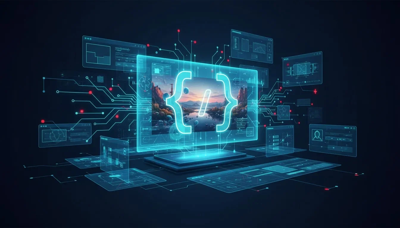 Futuristic holographic UI and blueprint-style illustration representing GPT Image 2 and the shift toward AI-generated interfaces and development workflows, with no text.