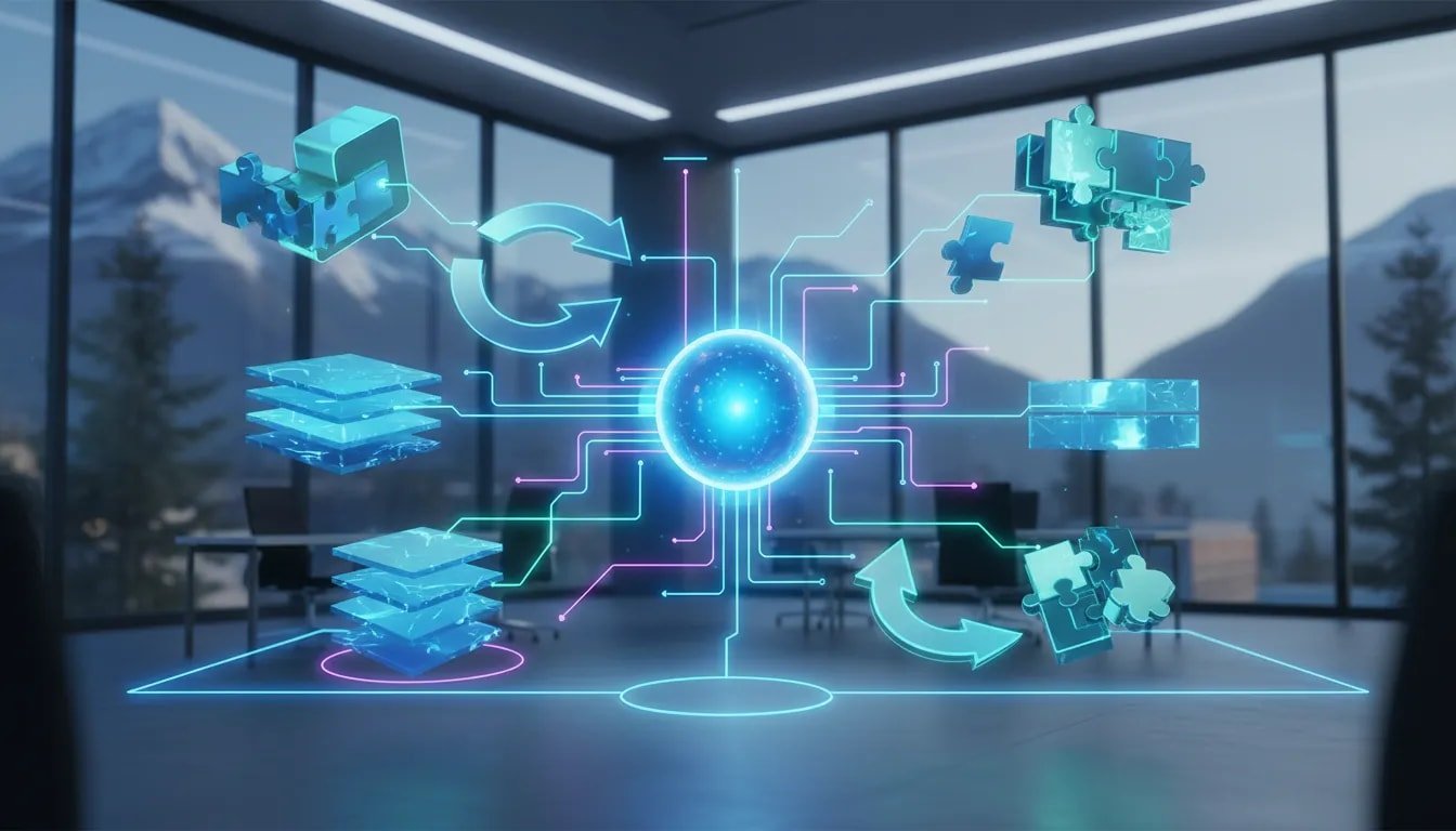 Futuristic editorial illustration of an open-source AI agent concept with a glowing central core, connected memory modules, and looping pathways symbolizing persistent learning and skill reuse—no text.