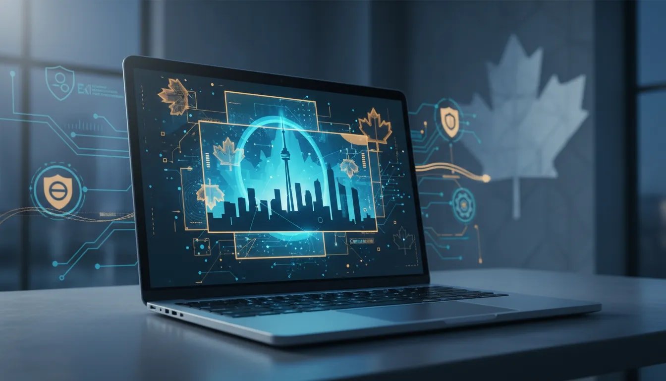 Illustration of a Canadian tech workspace showing an offline local AI image generator concept with a laptop producing abstract artwork in glowing light trails and circuit patterns, no text.