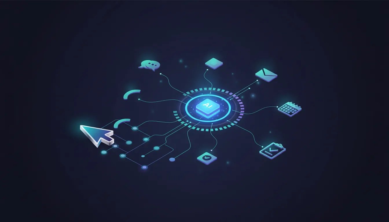 Abstract illustration of AI automation with a central workflow hub connected to multiple apps via glowing links and a cursor entering the process, shown with a light countdown ring concept.