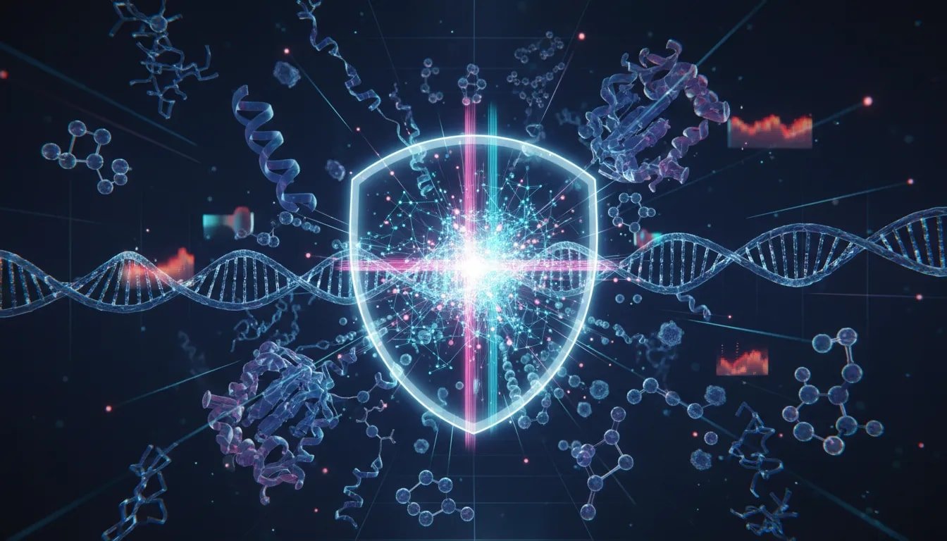 Futuristic AI-driven biomedical visualization showing interconnected holograms of DNA, proteins, antibodies, small molecules, and predictive neural network pathways converging in a glowing central hub.