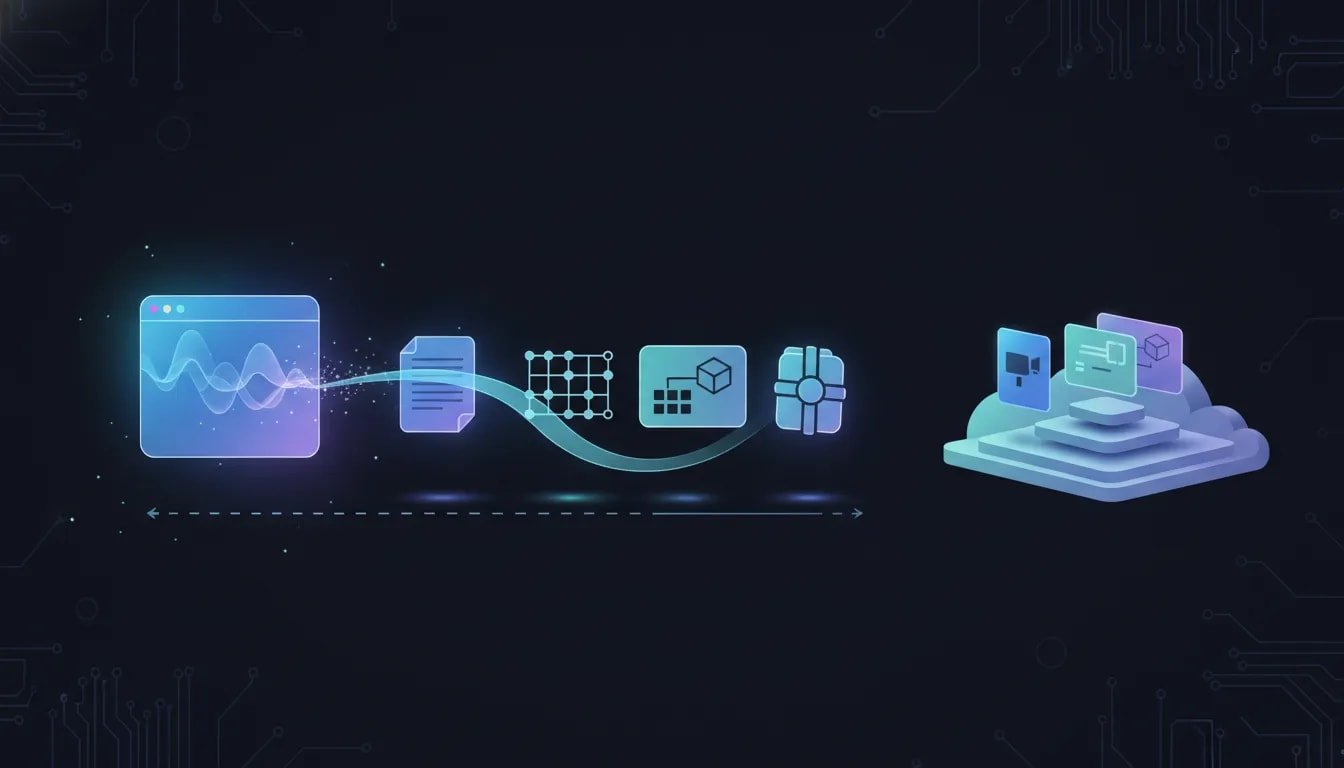 Futuristic illustration of AI transforming from a chat interface into downloadable deliverable files, symbolizing Gemini’s new file export update