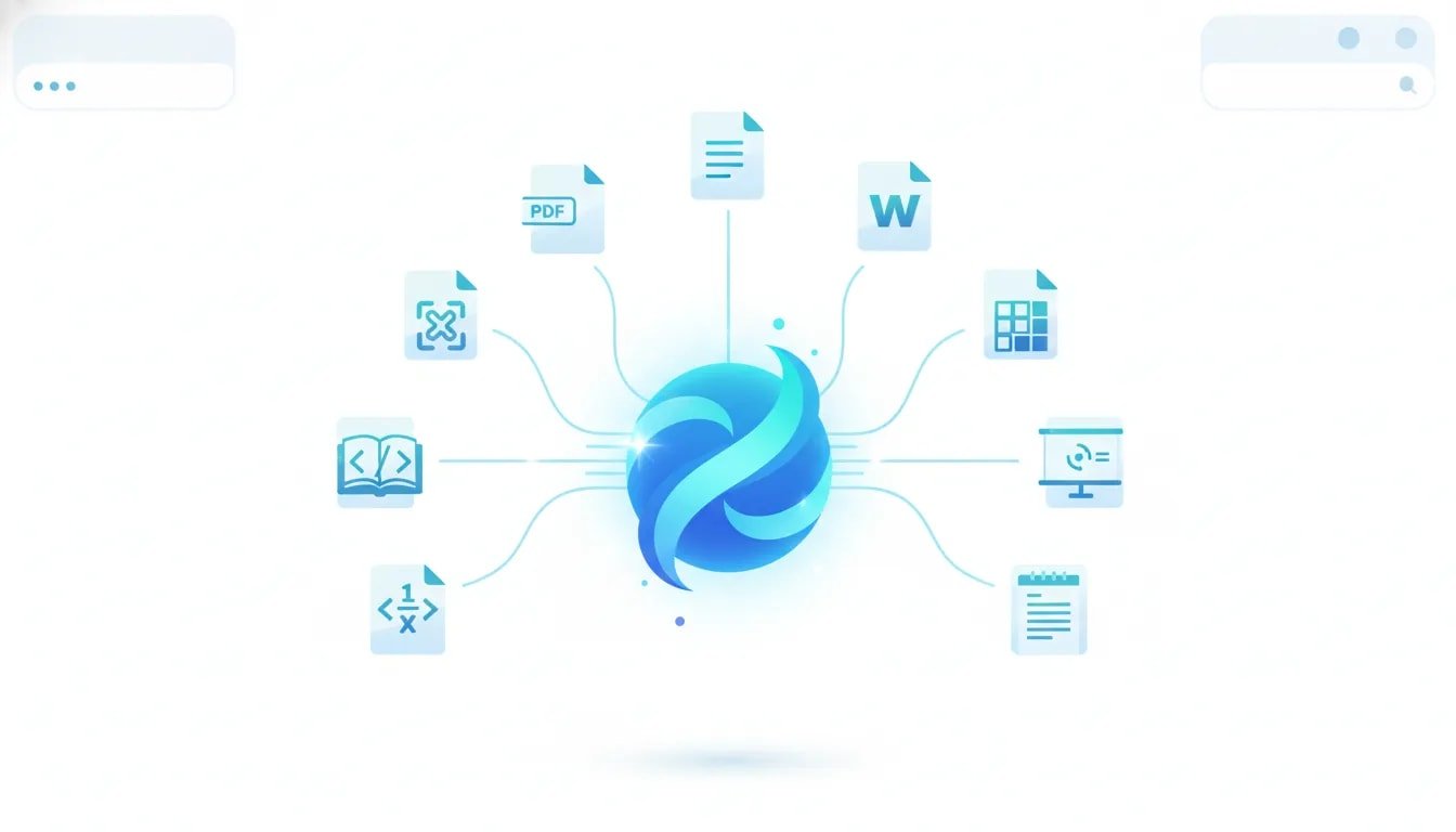 Illustration of an AI assistant generating multiple document file types from a central interface, shown through floating icons with no text.