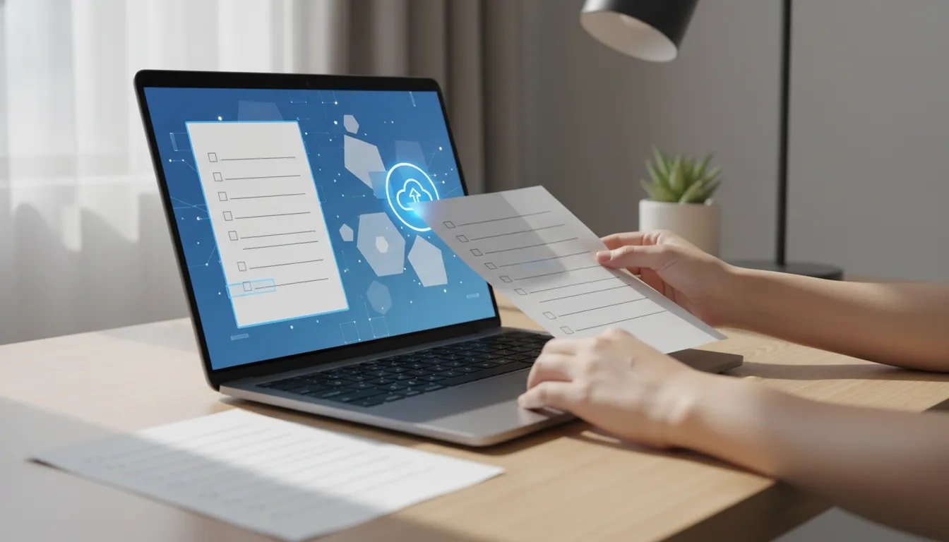 Person uploading a blank form to an AI assistant on a laptop, with guidance highlighting fields as the form is filled automatically