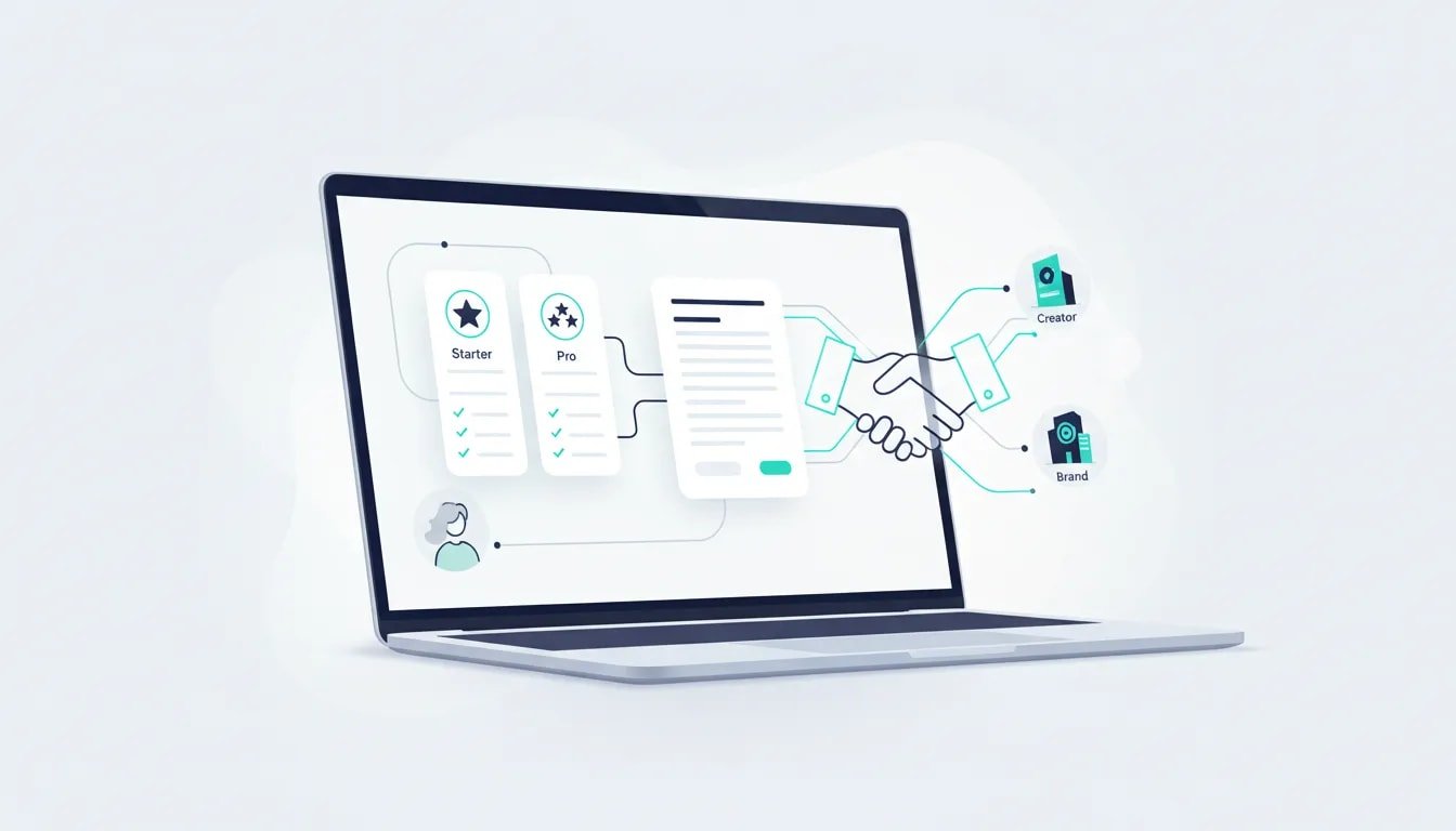 Abstract illustration of a small creator using an AI-powered estimate and organized sponsorship package to connect with a brand, shown through clean panels, flowing connection lines, and a handshake.