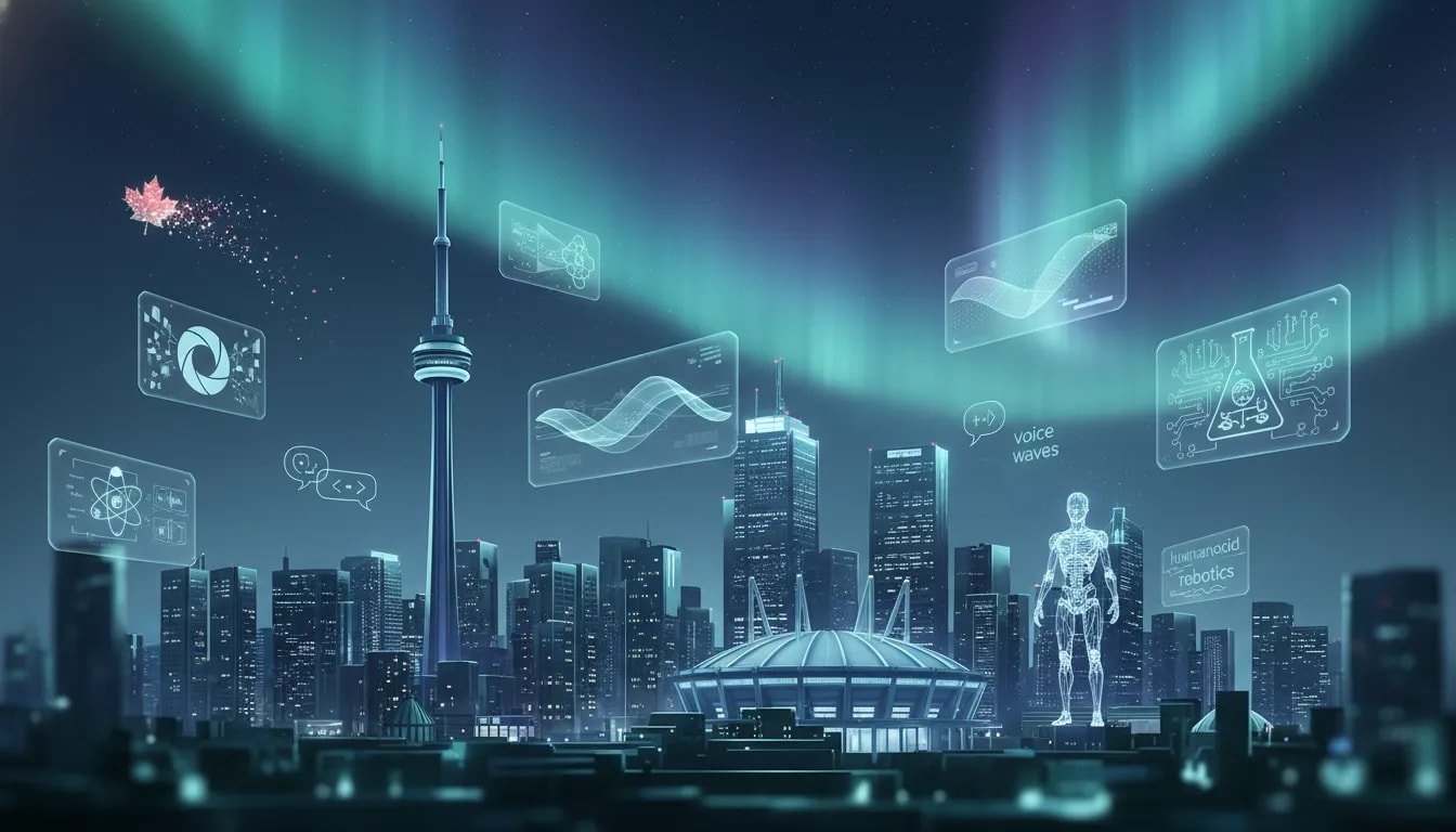 Futuristic Canadian city skyline with holographic AI breakthrough icons representing image, video, voice, robotics, and science—no text