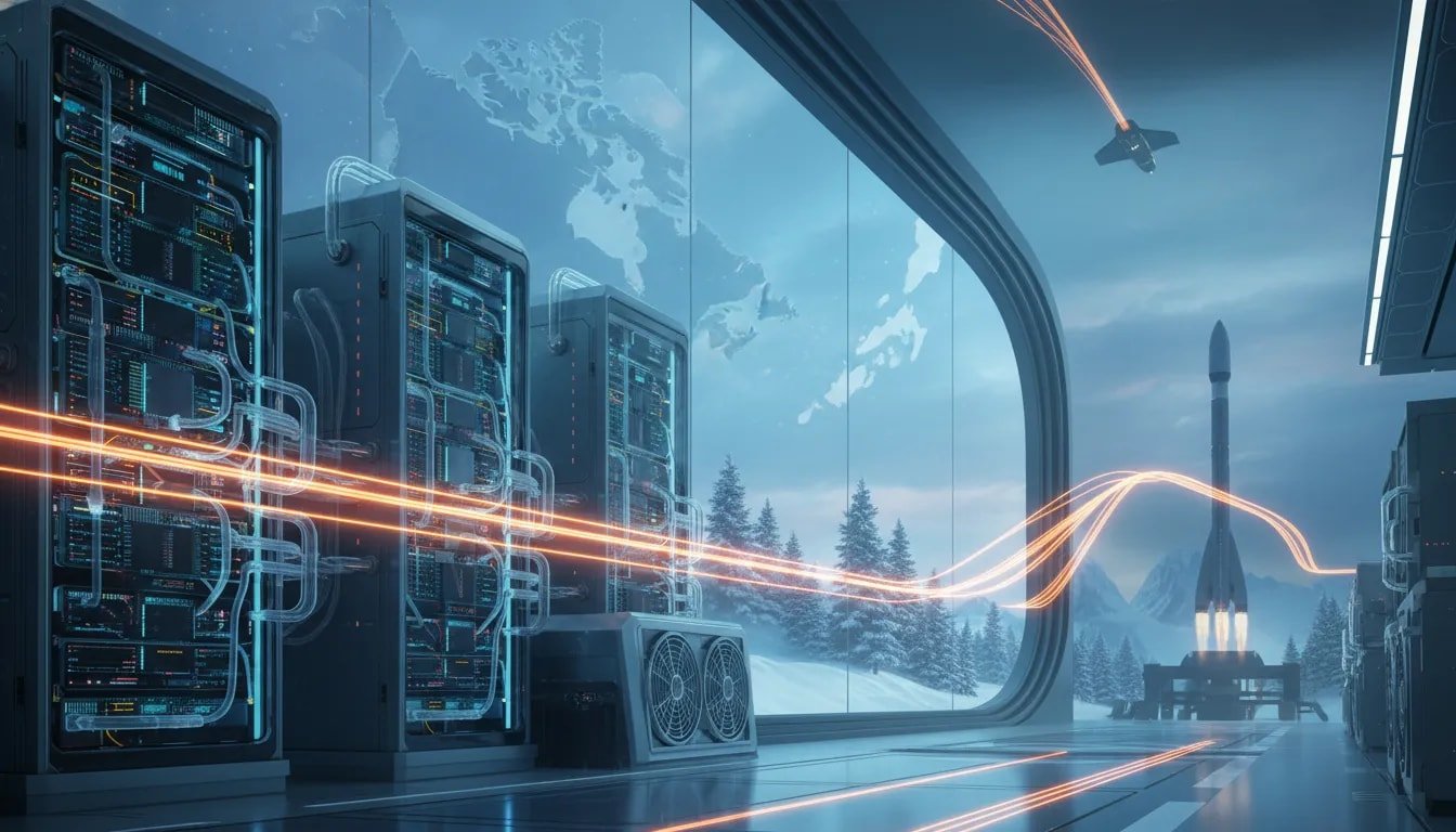 Futuristic Canadian data center connected by glowing data links to a rocket launch scene, symbolizing the AI compute race driven by chips, power, and infrastructure.