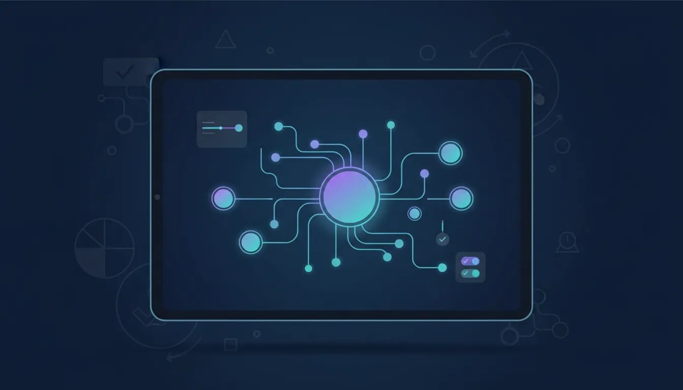 Illustration of an AI research workflow upgrade showing a customizable mind map on a device screen with connected nodes and user control elements, no text.