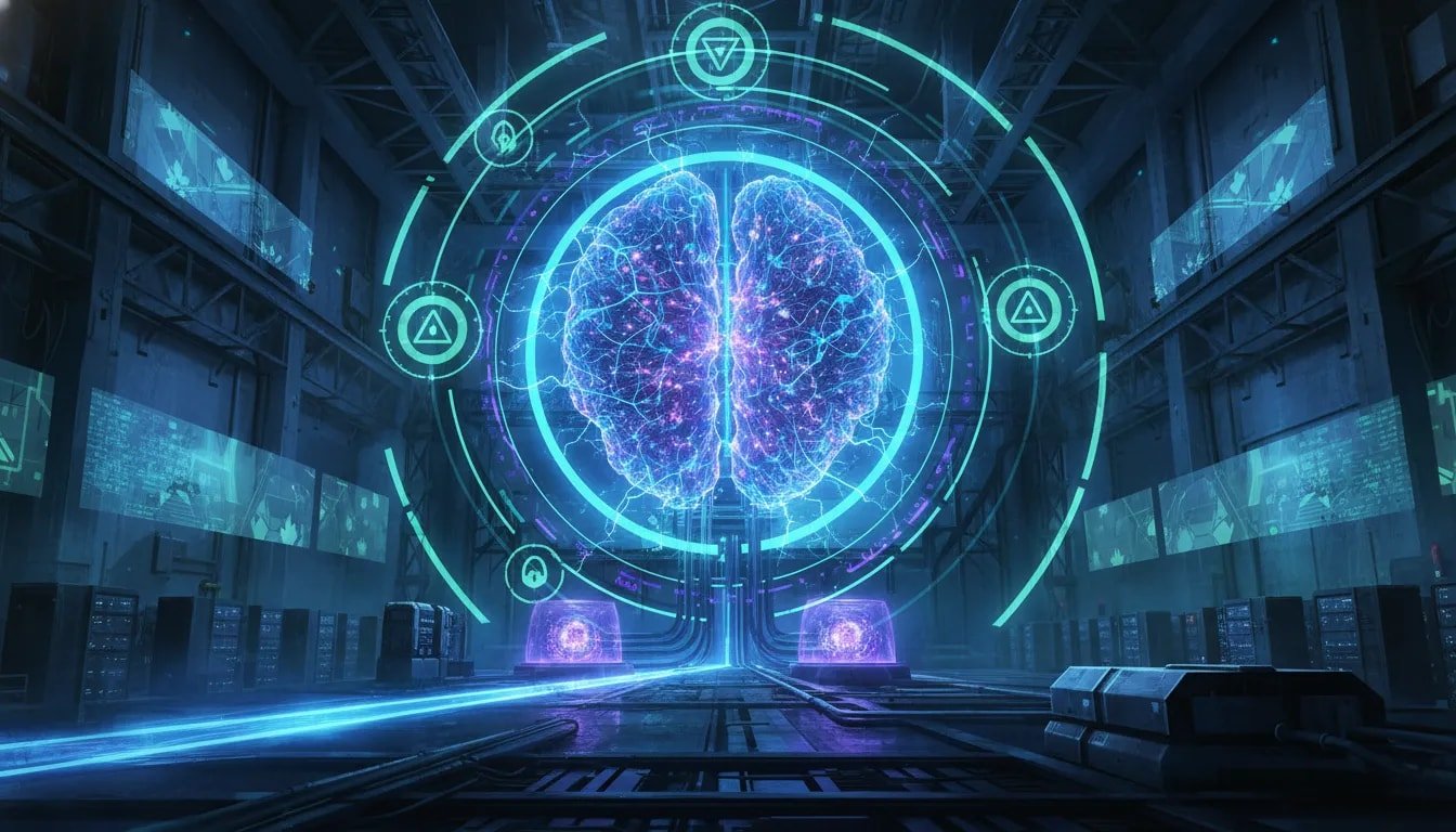 Sci‑fi visual of a massive glowing AI neural network core symbolizing constrained but powerful DeepSeek V4-style engineering, with long context light trails and limited computing hardware.