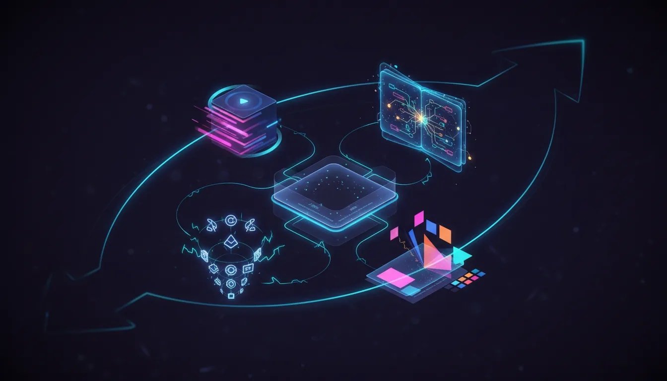 Futuristic wordless illustration of connected holographic modules representing video creation, faster lightweight AI, mind-map organization in notebooks, and brand-focused creative tools within an upgraded Gemini interface.