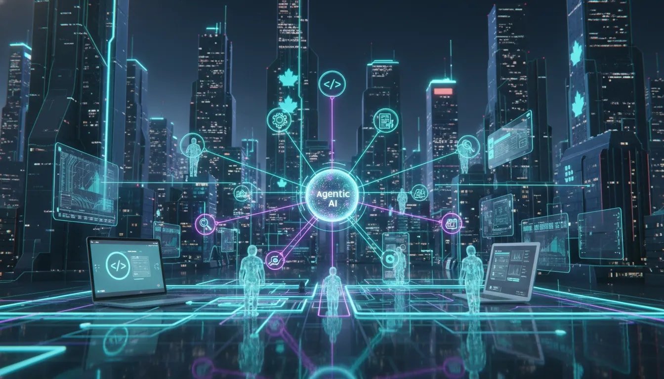 Futuristic holographic AI agents connecting a Canadian city skyline to networked devices, symbolizing major Google AI ecosystem updates and agentic automation for Canadian businesses.