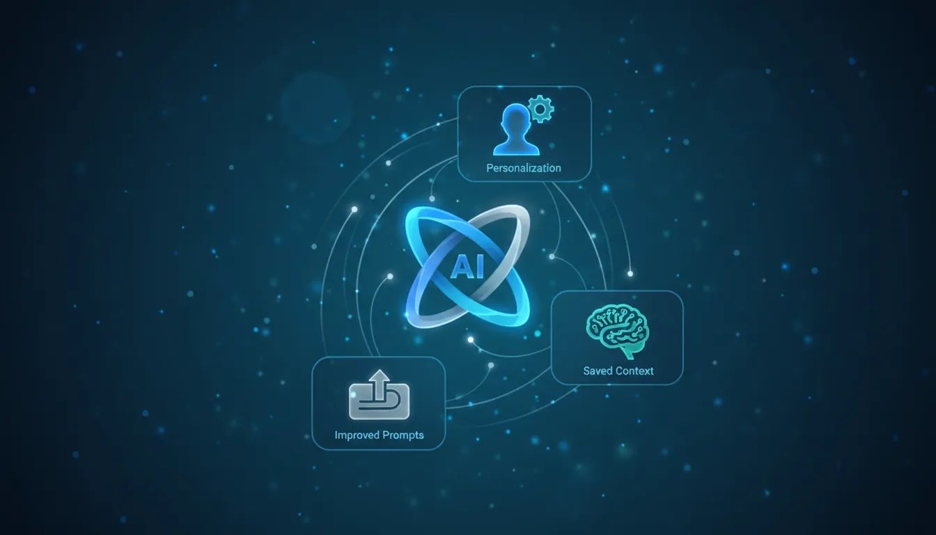 Futuristic infographic showing three interconnected Google Gemini settings—personalization, AI memory, and improved prompts—represented with icons and toggles, with a glowing central AI core and no text.