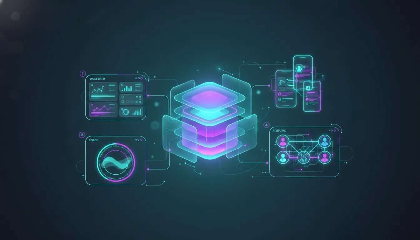 Abstract high-tech illustration depicting an AI assistant hub with connected dashboard, usage visibility meters, agent workflow nodes, and app-building phone mockups, representing Google Gemini updates.