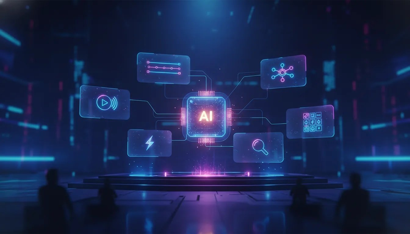 Futuristic holographic AI scene symbolizing Google I/O 2026 Gemini updates with connected video, agent, and search interfaces in neon blue and violet