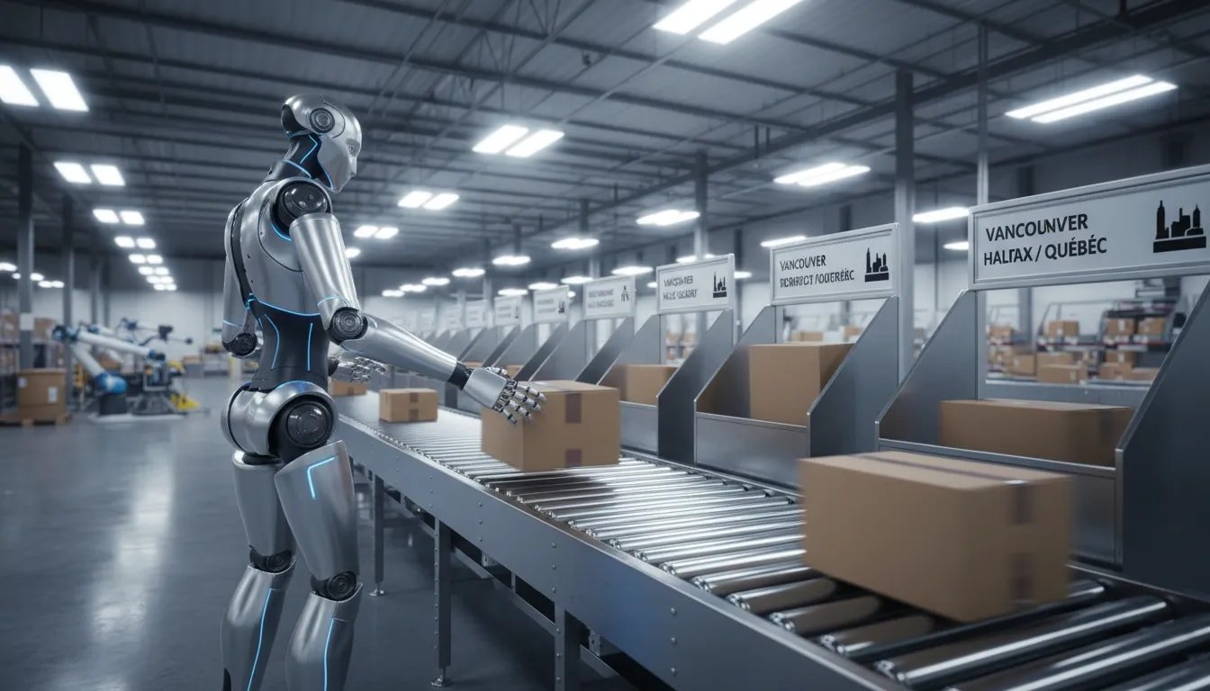 Humanoid robot sorting packages on a conveyor line in a modern warehouse, illustrating the future of automation in Canadian tech.