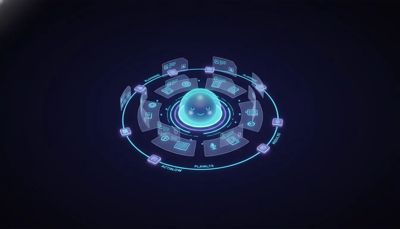 Futuristic illustration of a personal AI assistant with a glowing core connected to translucent memory layers and branching workflow paths, symbolizing an assistant that remembers and performs tasks without text.