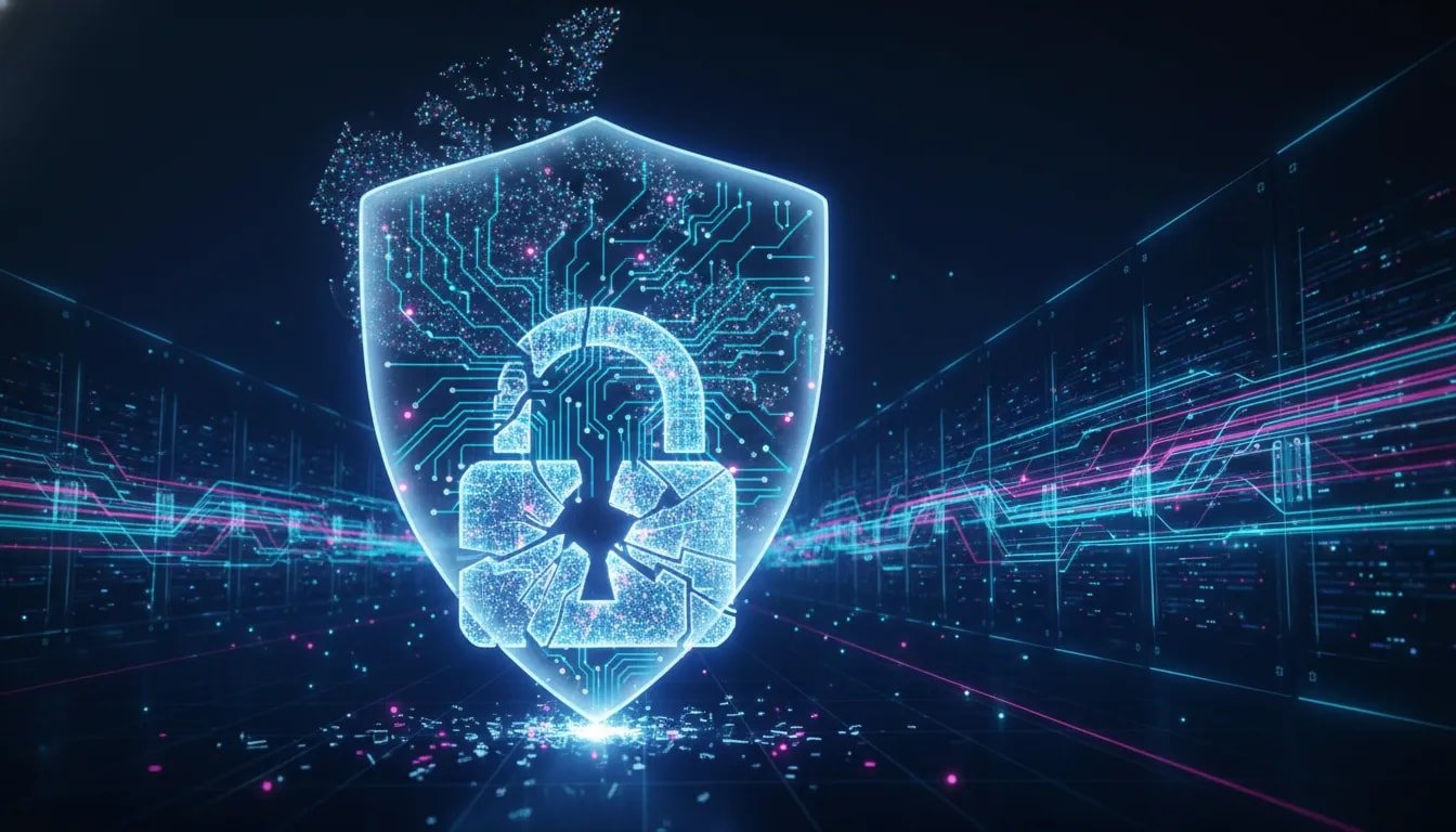 Futuristic quantum circuitry over a glowing security shield with cracked cryptographic lock imagery, suggesting early risk to modern encryption in Canada’s tech landscape.