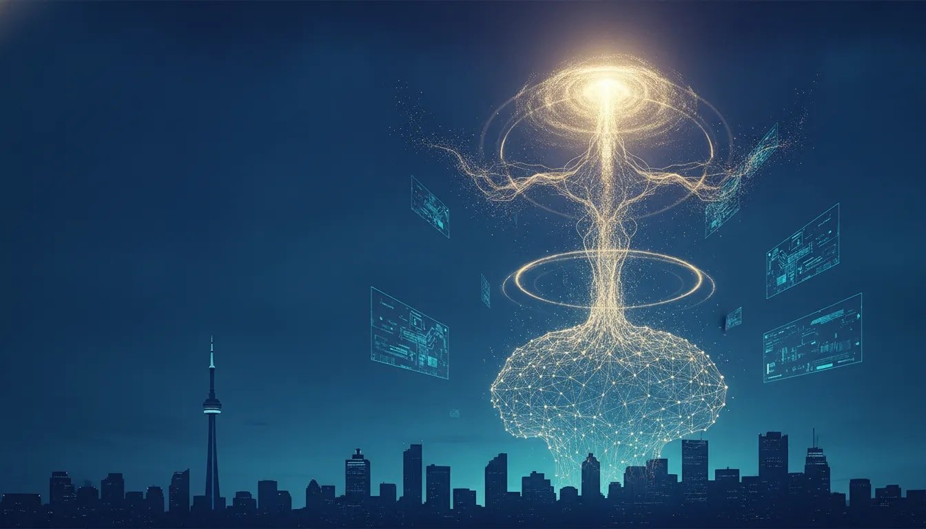 Cinematic futuristic illustration showing an AI neural network transforming from human-level intelligence into a brighter superintelligence core above a Canadian city skyline, with holographic light pathways and particles (no text).