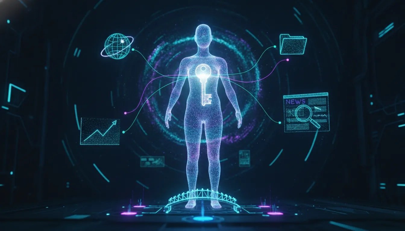 Holographic AI agent connected to real-world data sources by a single glowing key, shown with charts, documents, and network-linked data streams
