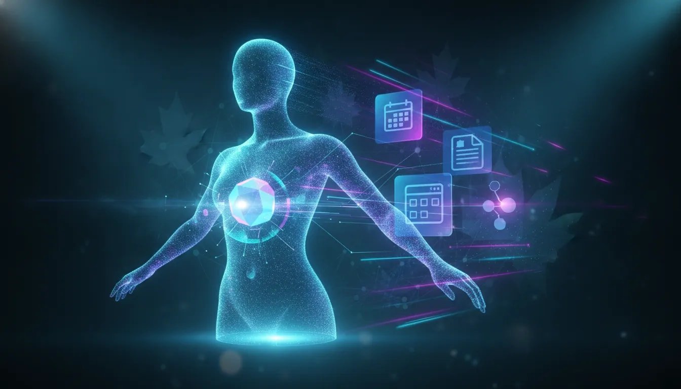 Futuristic illustration of an AI agent interface taking the foreground over interconnected business software systems, with subtle Canadian tech styling and glowing workflow connections—no text.