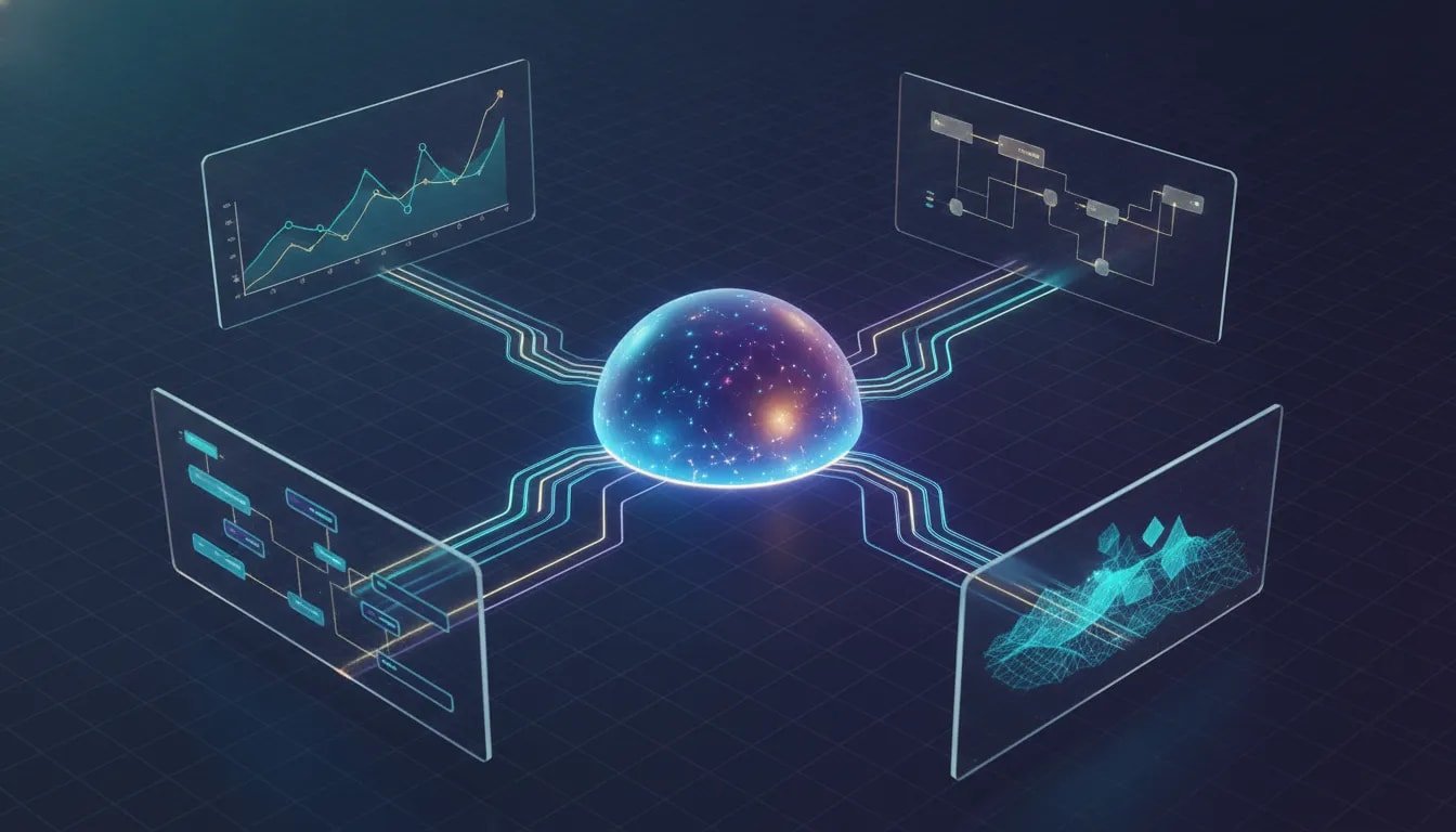 Futuristic illustration of an AI agent system converting a central prompt into charts, diagrams, workflows, and a 3D visual environment, all shown with interconnected glowing visual panels and no text.