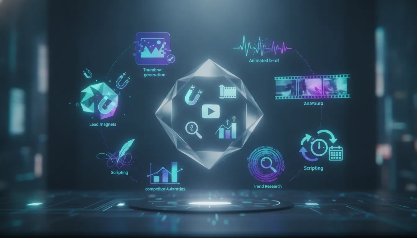 Futuristic AI workspace with holographic hub and icon-based visual elements representing automated content creation for creators.