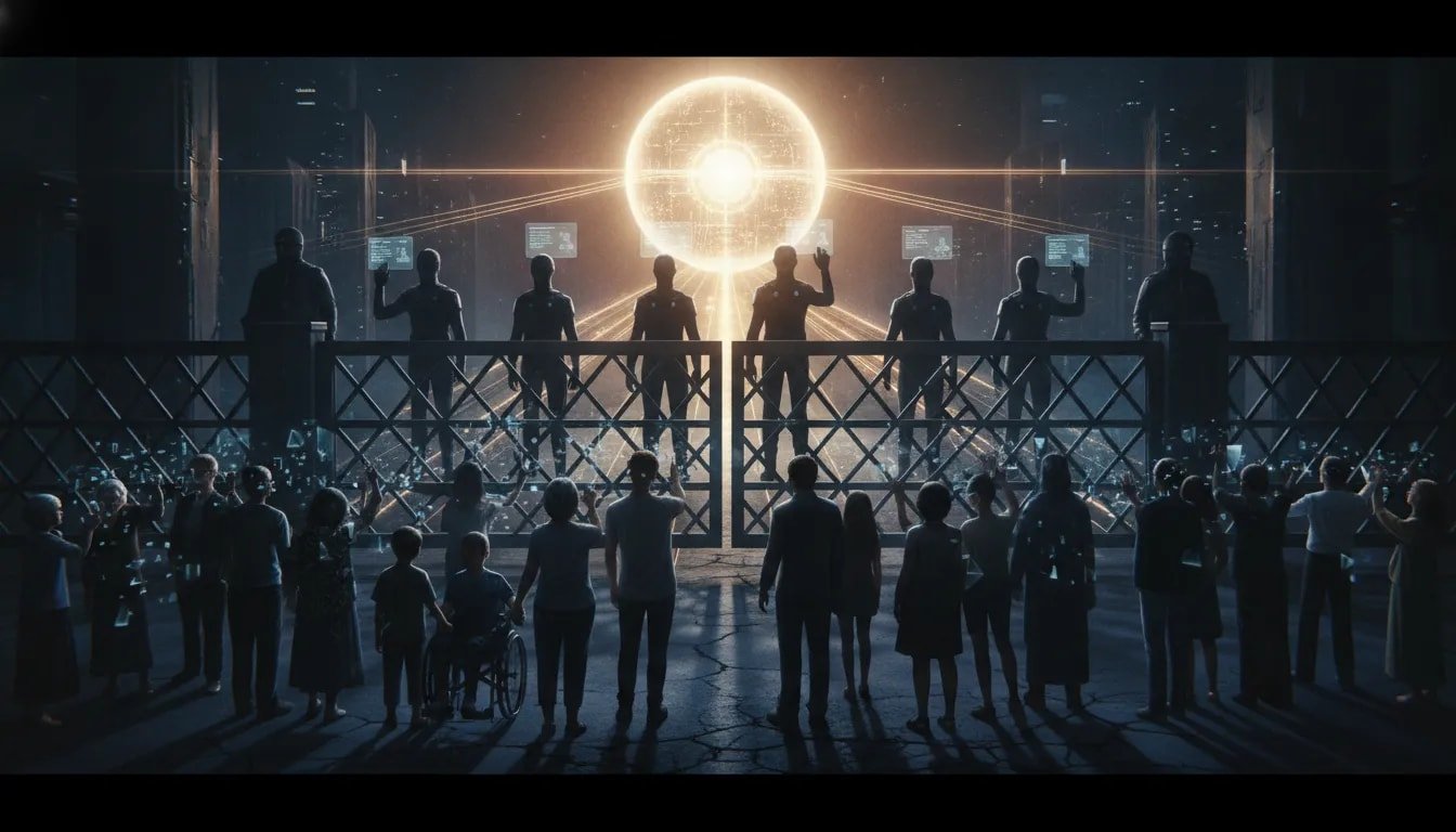 Futuristic city scene showing AI gatekeeping, where a glowing high-tech core is behind a locked barrier and a diverse group receives dim, limited holographic access while an authorized group has bright access