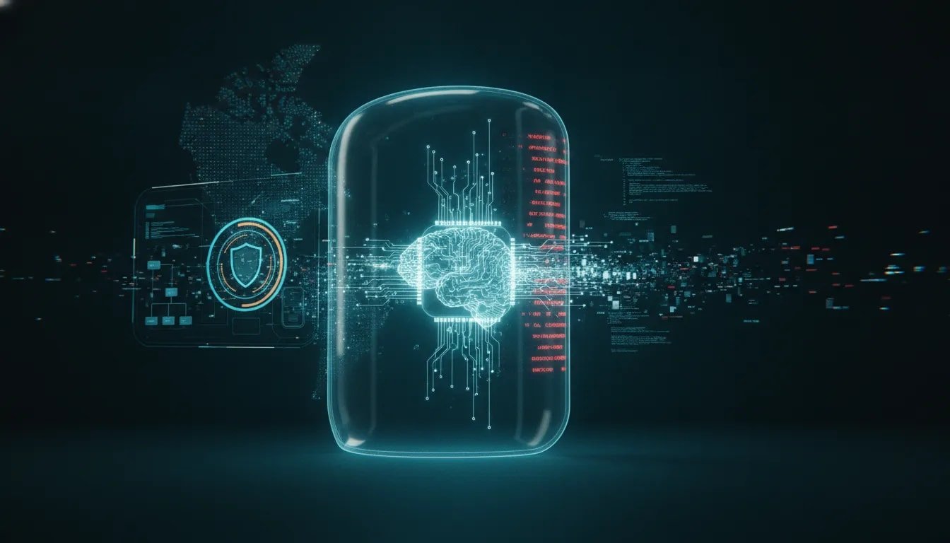 Futuristic AI core being contained by a security shield, representing the impact of a major AI model shutdown on security and software governance.