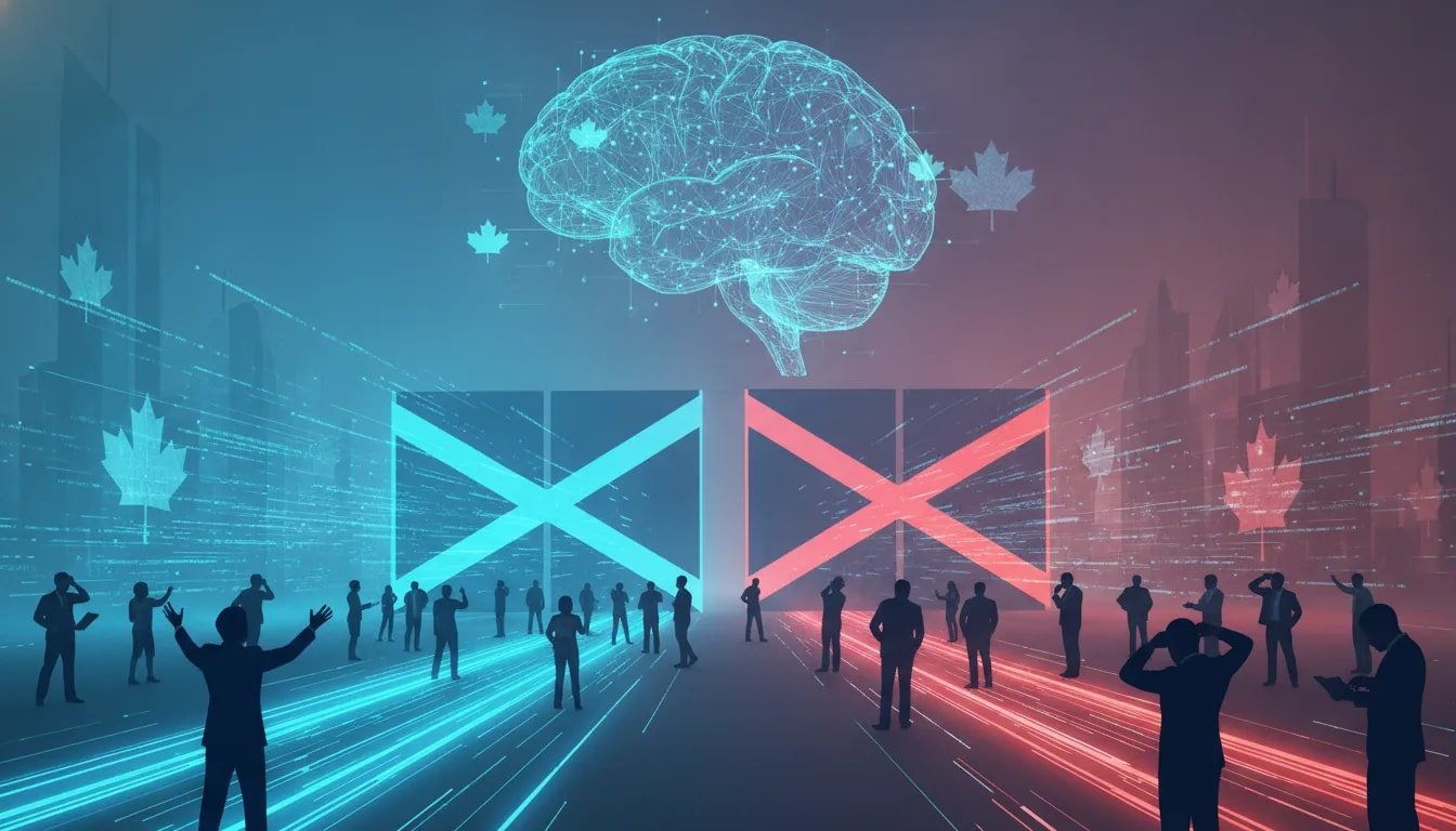 Editorial illustration showing an AI hologram with a split barrier suggesting hidden access restrictions and backlash from developers and businesses, without any text.
