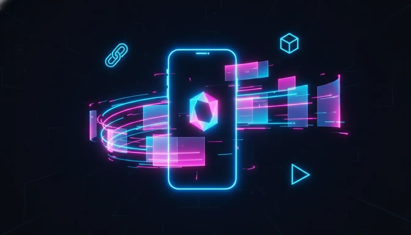 Futuristic illustration of an AI system turning a product link on a smartphone into a scroll-stopping video ad using glowing motion effects