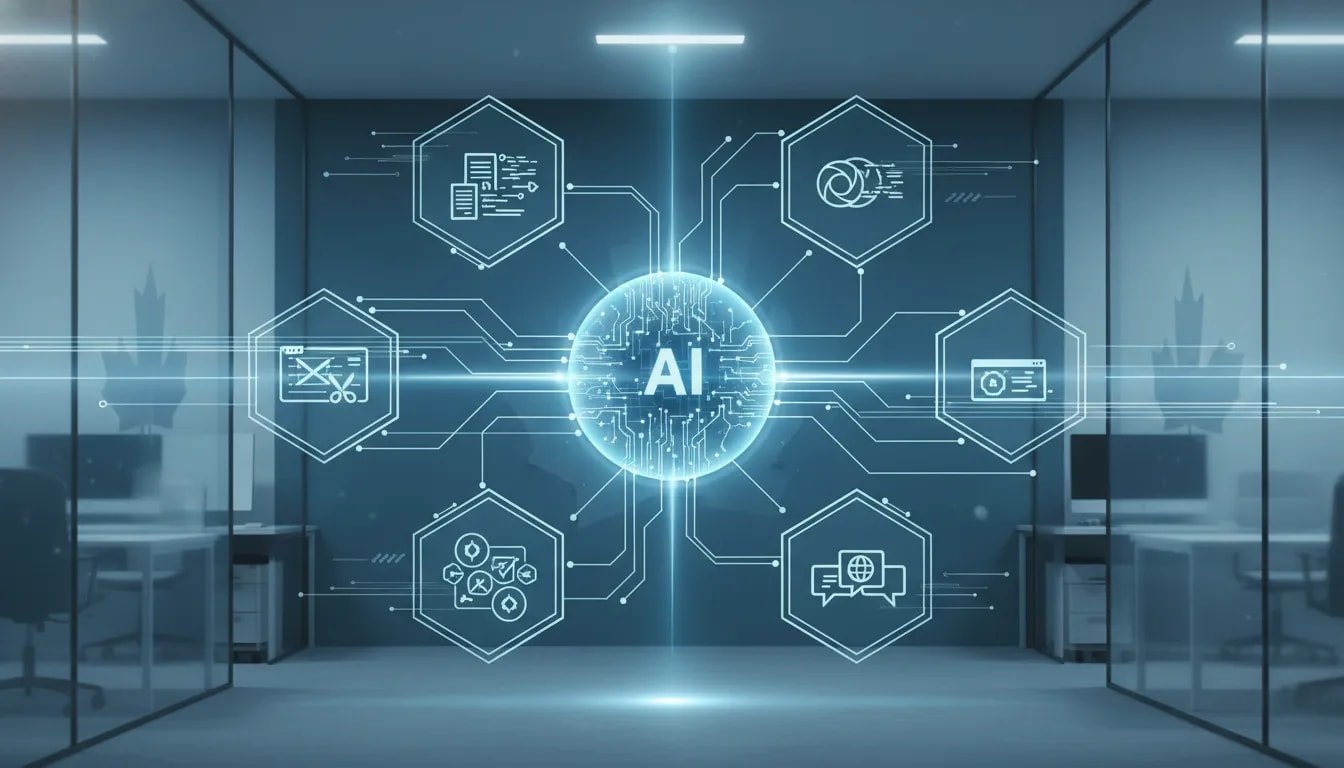 Illustration of an AI core connecting multiple video production stages to show faster, consistent AI video creation for Canadian tech content teams