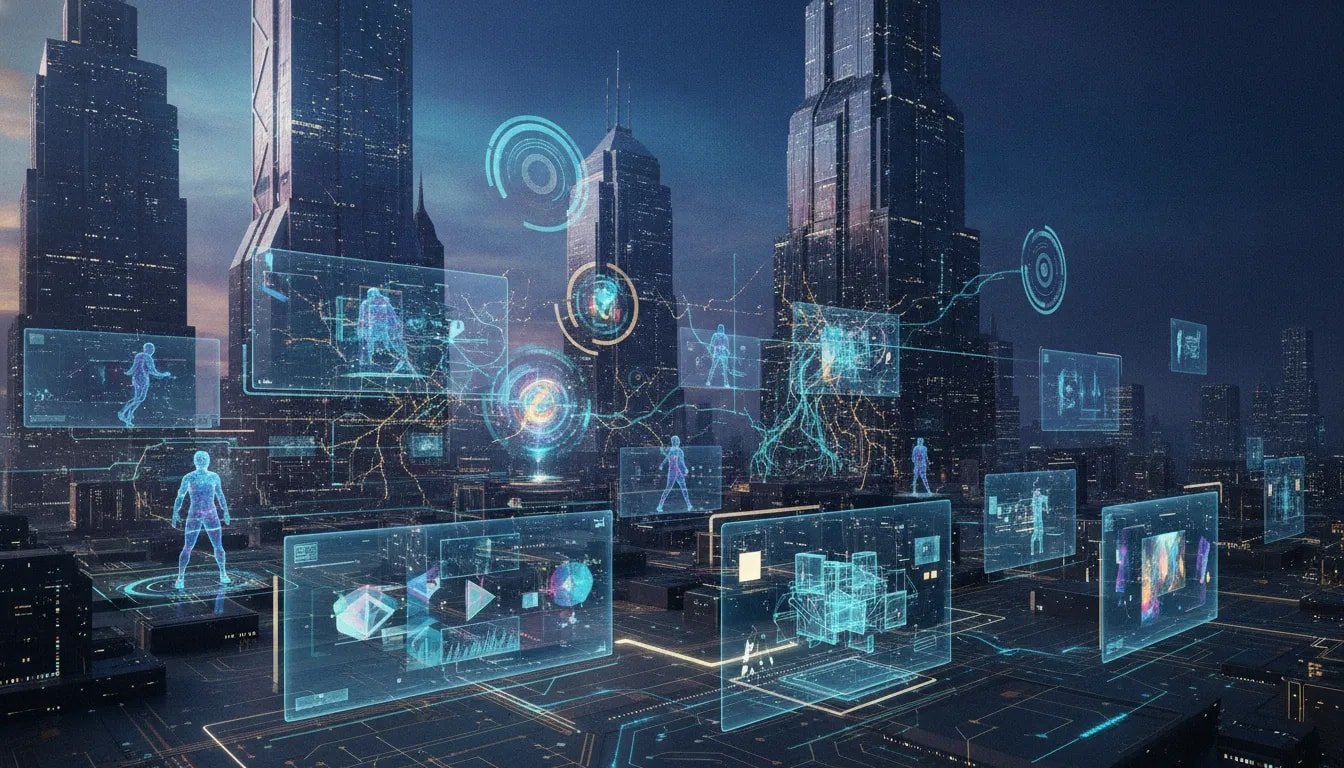 Futuristic holographic city scene showing connected AI breakthroughs across video, multimodal agents, and real-time computing—no text.