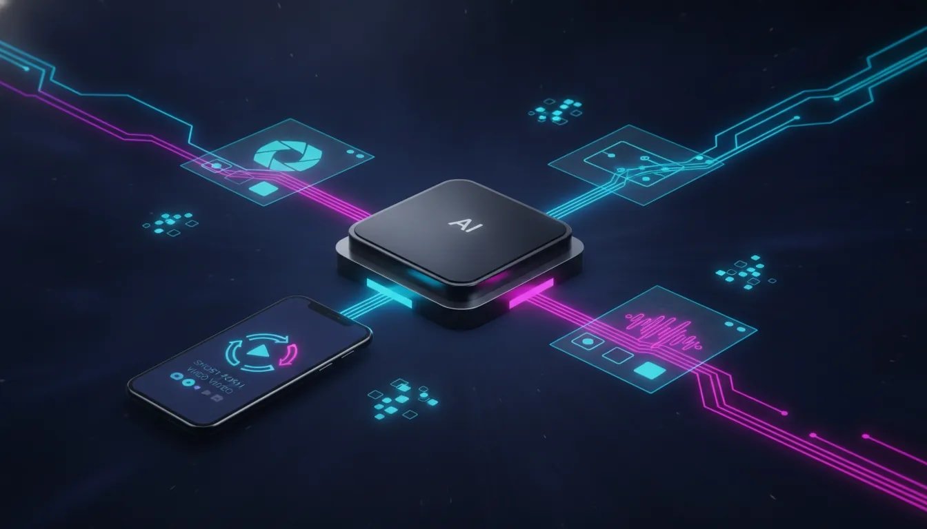 Neon tech illustration showing an AI hub generating and remixing short viral videos with connected workflow nodes on a smartphone screen, no text.