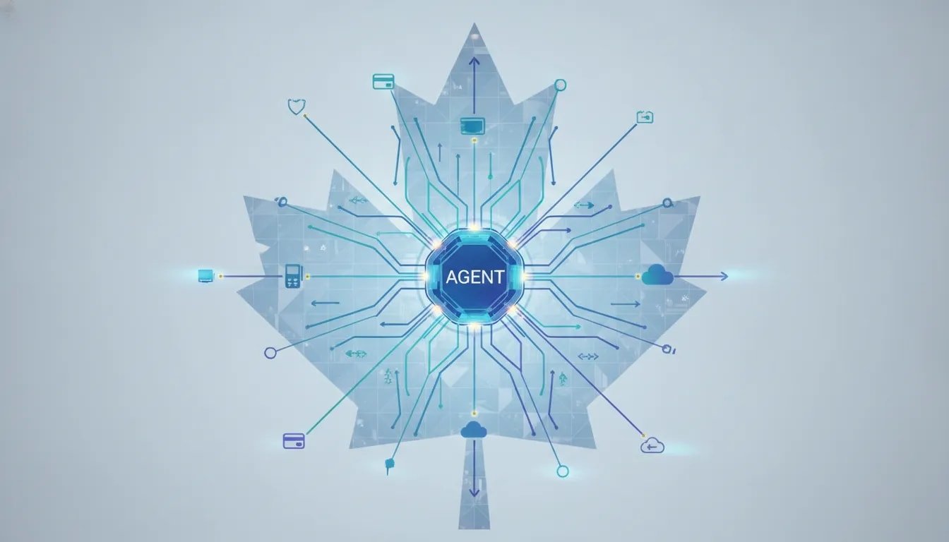 Futuristic illustration showing an autonomous AI agent network powering cloud operations and payments with glowing connected nodes and a subtle Canadian maple-leaf pattern, without any text.