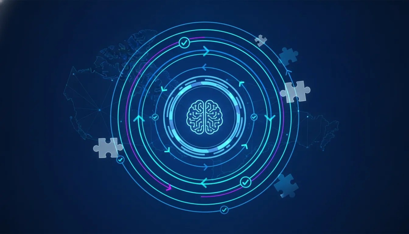 Futuristic illustration of autonomous AI coding loops with circular iteration arrows, code-like symbols, and verification icons in a Canadian tech theme