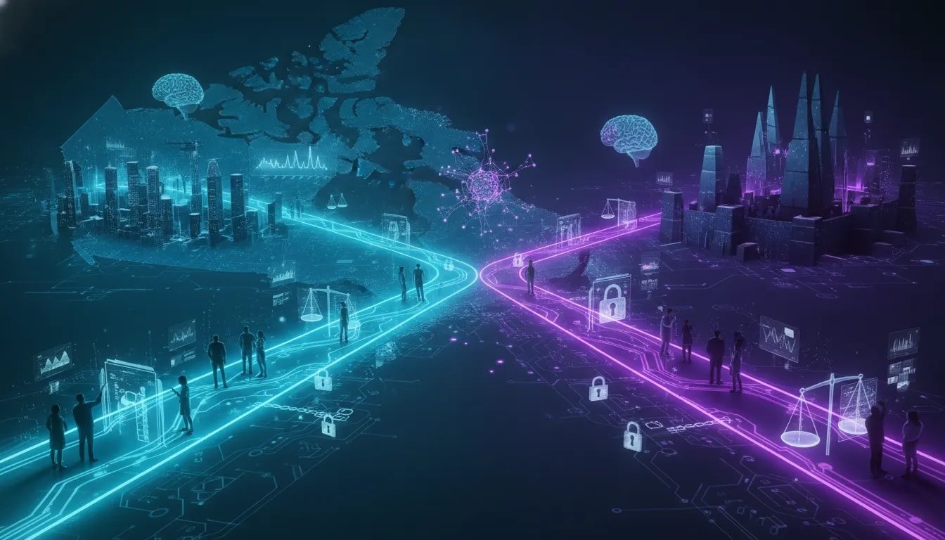 Futuristic illustration of Canada at a crossroads for frontier AI access, showing glowing network paths split between open and gated systems with lock motifs, circuit patterns, and abstract neural networks.