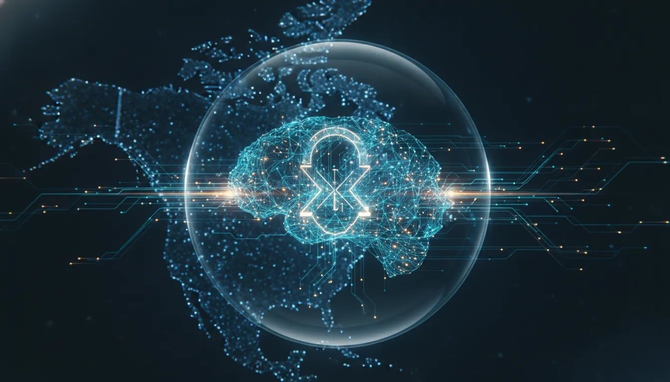 Futuristic illustration of Canadian AI networks under heightened access control, showing data streams being scraped and filtered behind a glowing permission gate.