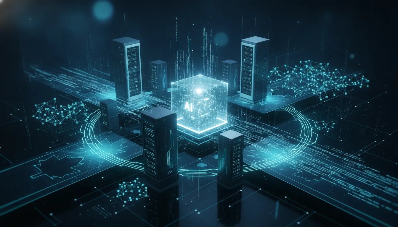 Futuristic Canadian tech-themed illustration showing an AI model core connected to glowing neural networks, data streams, and server infrastructure with no text.